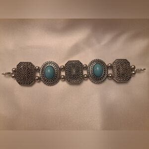 Silver Tone Turquoise Statement Bracelet – Boho / Western – 6”